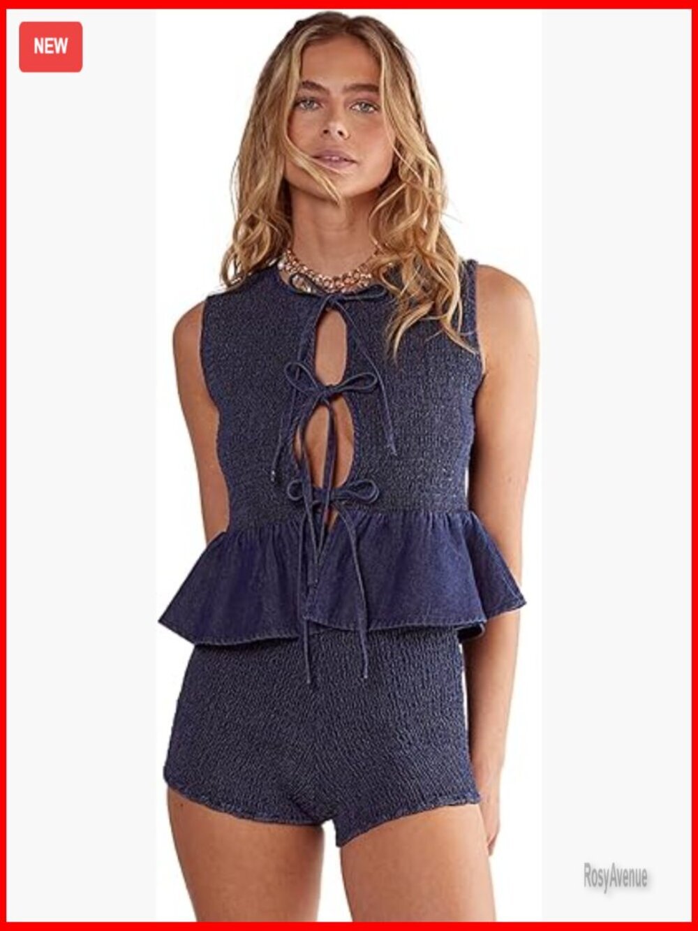 Shirred Chambray Tie Front Top Sleeveless Peplum
